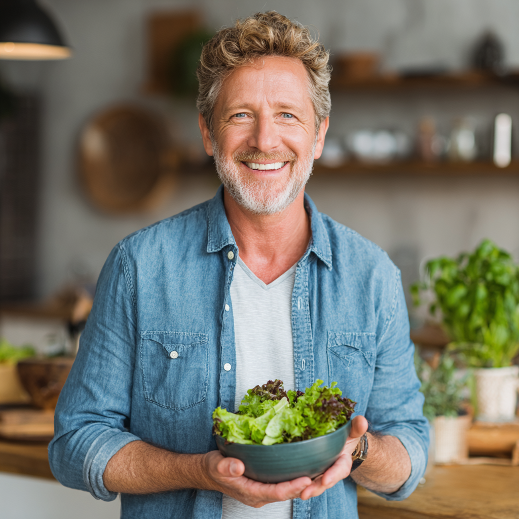 Confident middle-aged man in his 50s smiling broadly while holding a bowl of fresh salad, wearing a light blue shirt, standing in a bright kitchen environment, representing healthy lifestyle choices