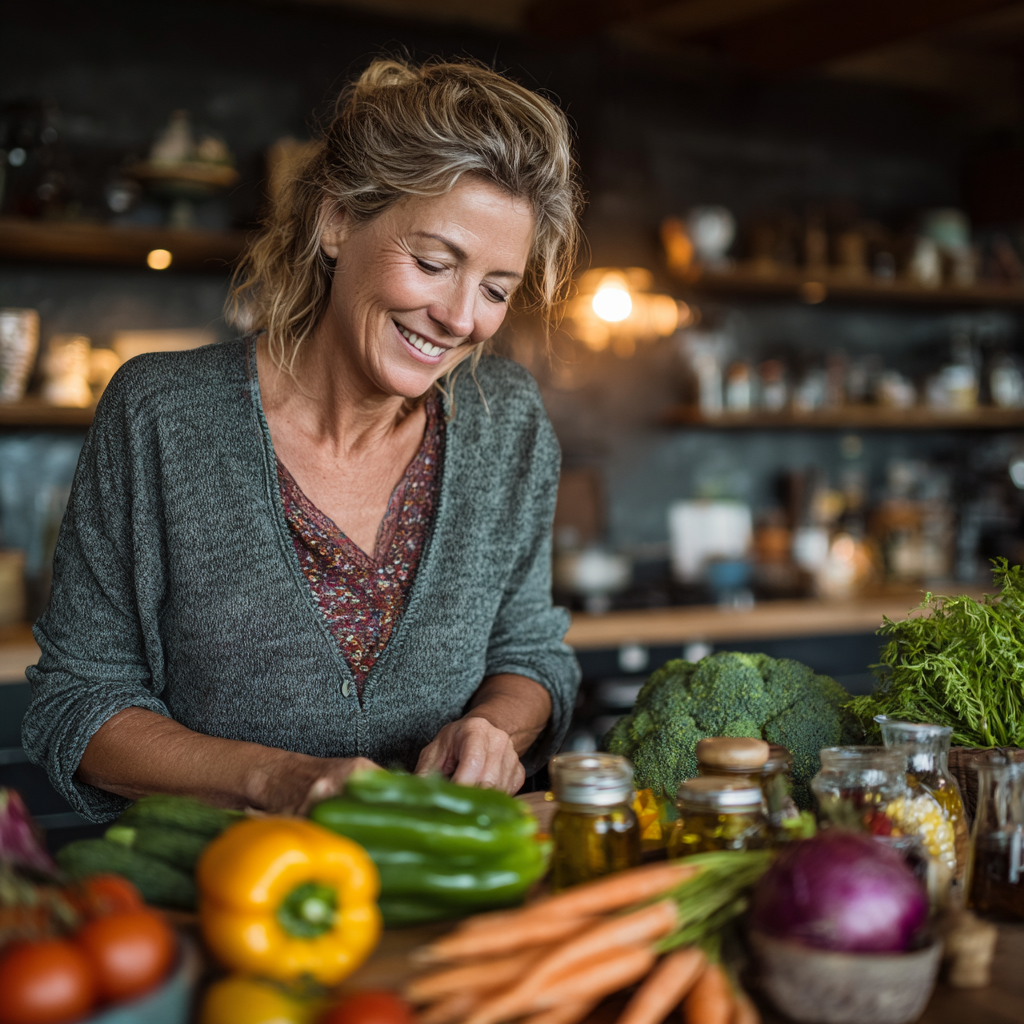 Mature woman in her 40s smiling while preparing fresh vegetables and healthy ingredients in a bright modern kitchen, wearing casual clothing and showing joy in healthy food preparation